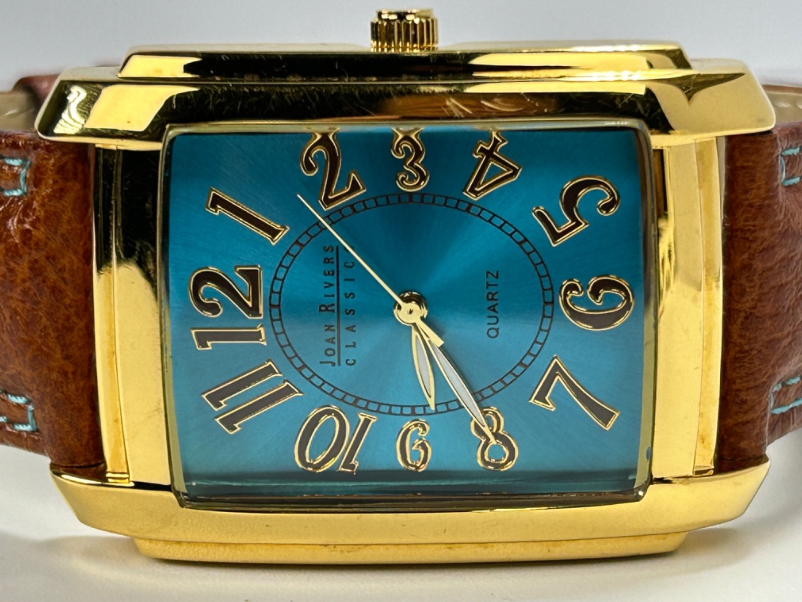 Vintage Joan Rivers Classics V377 Womens 34MM Tank Quartz Gold Tone W/Blue Dial