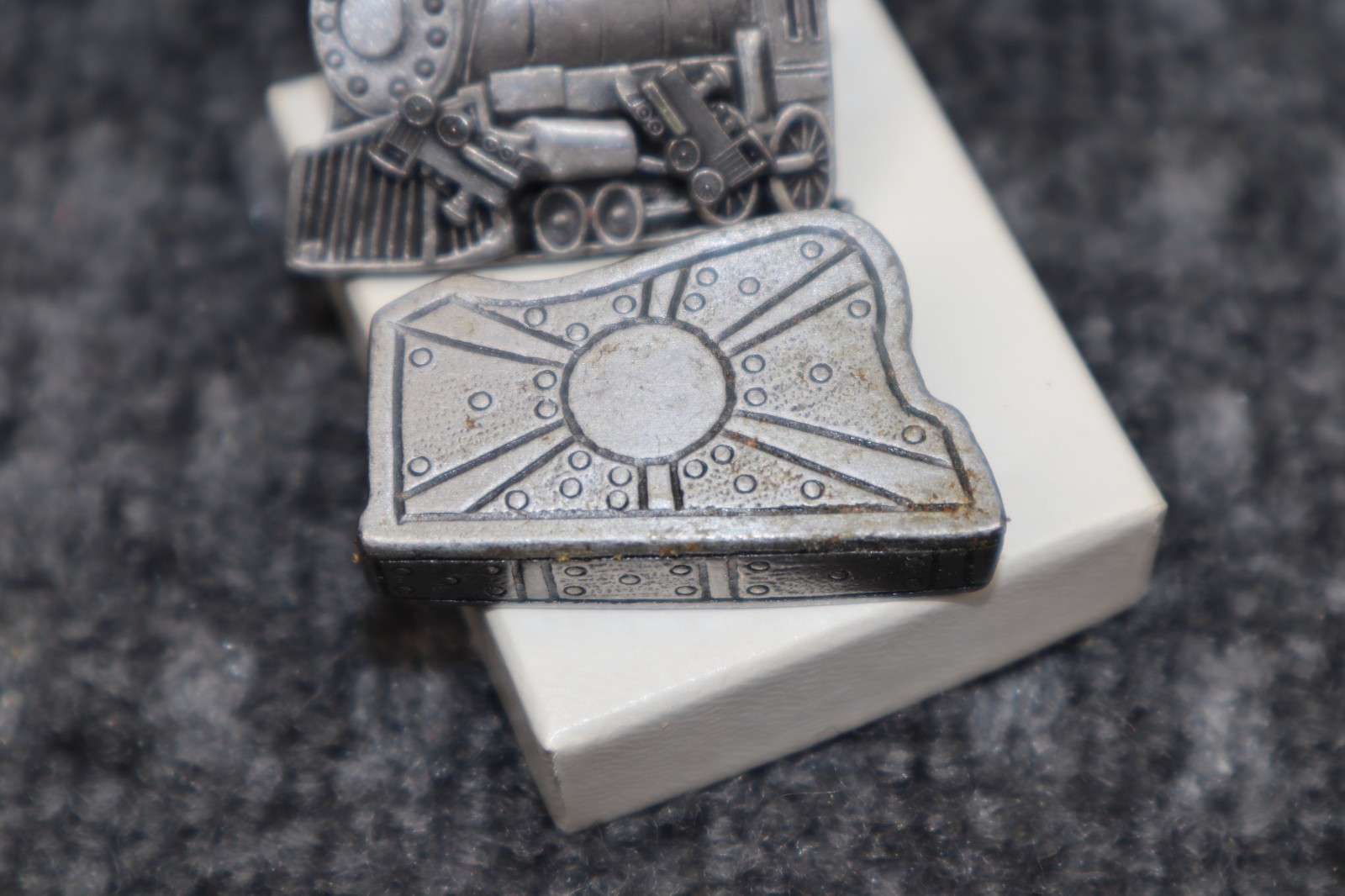 Vintage Torino Pewter Train Engine 3 in 1 Broach Earrings Necklace Trinket Box