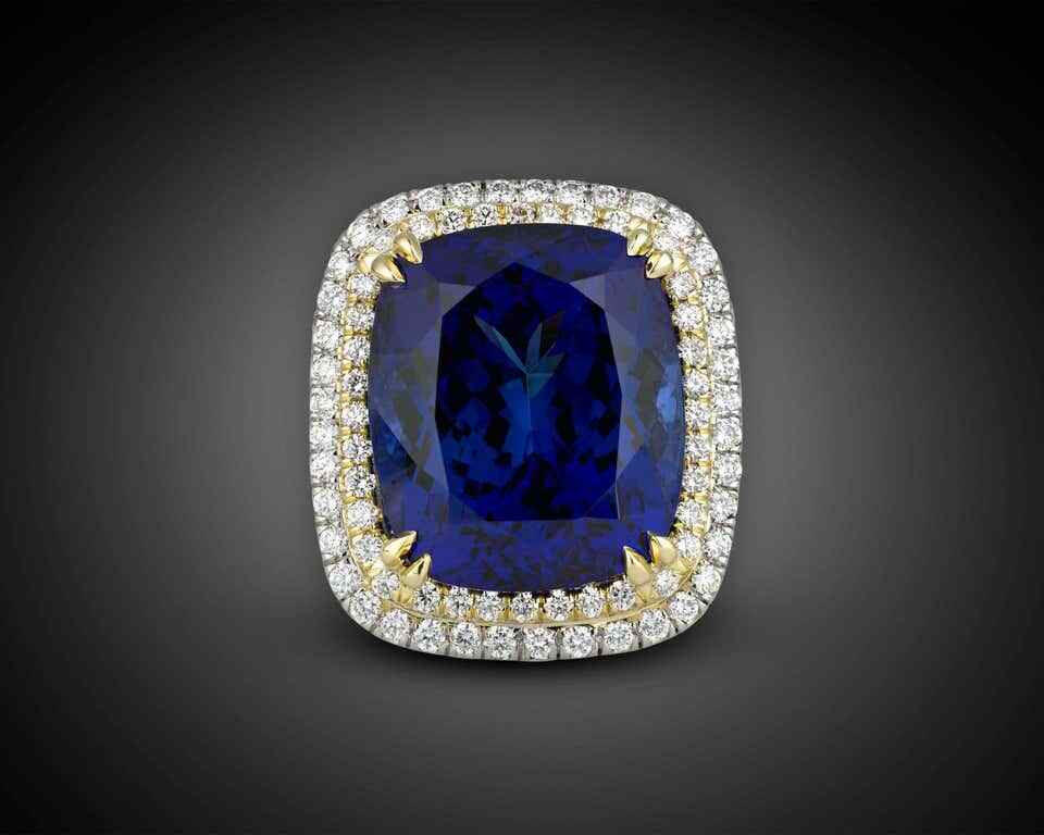 Opulent and Rare 23.14CT Cushion Cut Blue Tanzanite & Double Halo CZ Party Ring