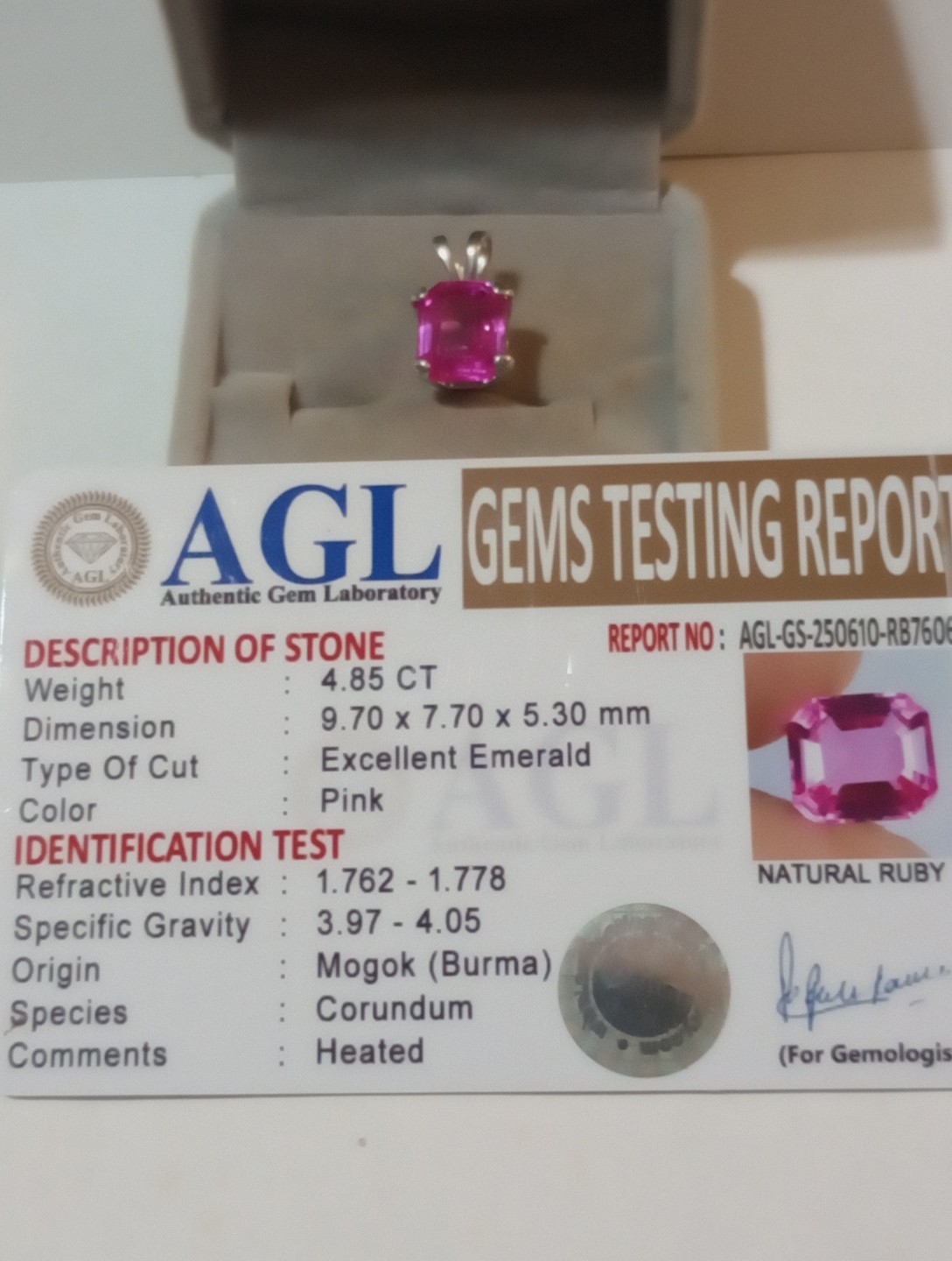 NATURAL HEATED GEM TESTED PINK BURMA RUBY 4.85 CTS 925 STERLING SILVER PENDANT