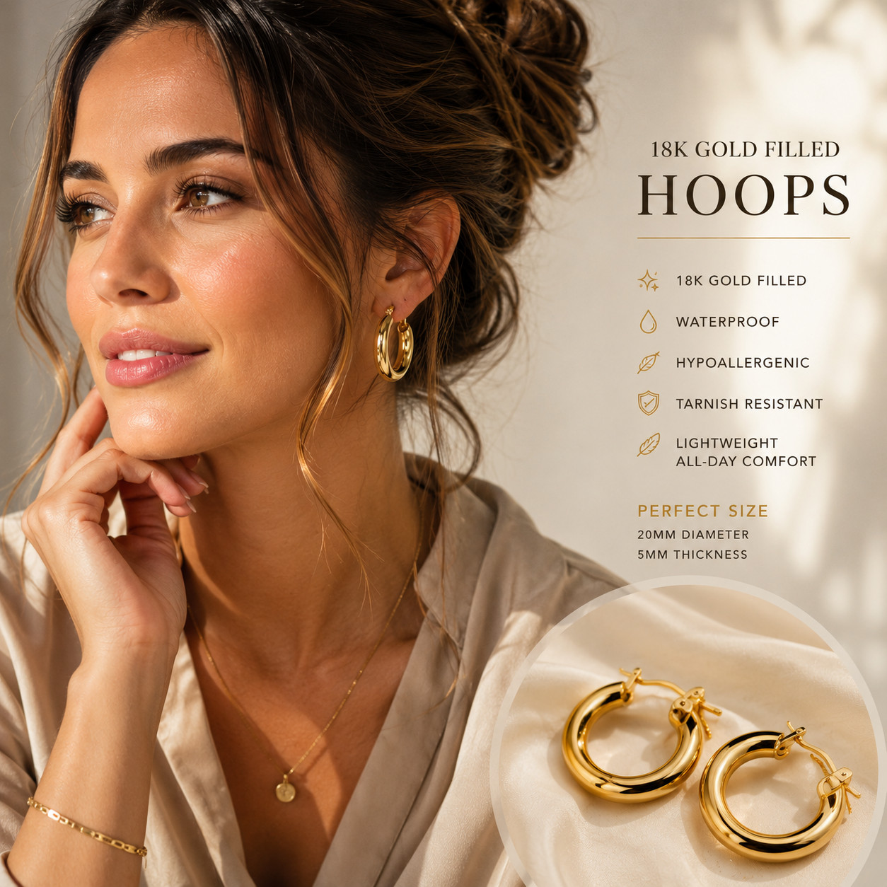 18k Gold Filled Hoops, everyday wear, waterproof, earrings for women