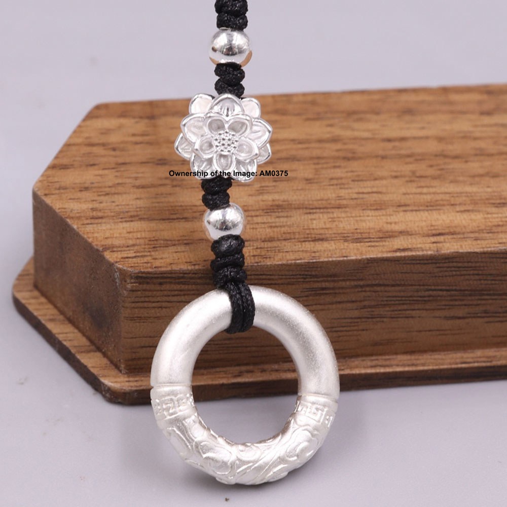 Real 999 Fine Silver 平安 Circle and Lotus Handmade Charm Pendant 80mm Length