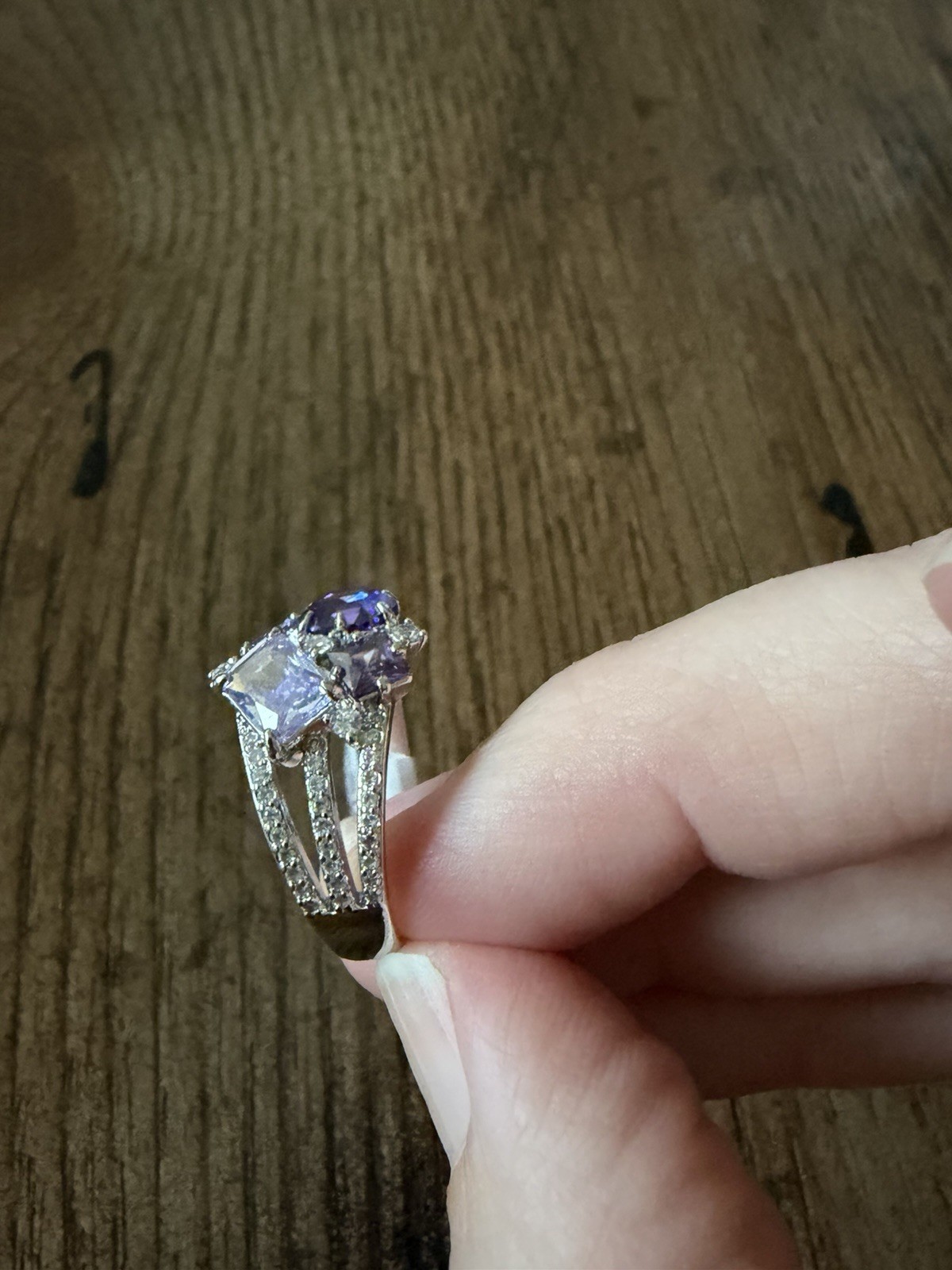Rhodium Plated Amethyst & Clear CZ Cluster Cocktail Ring Sz. 9
