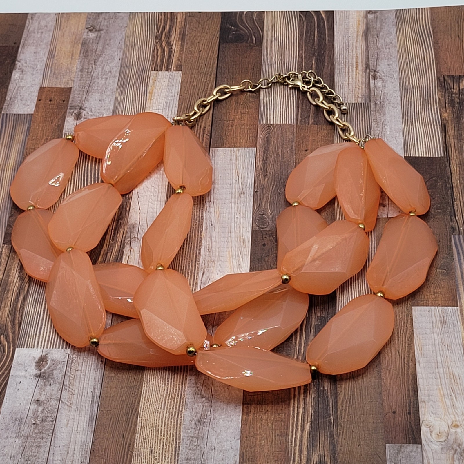 Glamourous Melon Peach Orange Shade Lucite Triple Strand Beaded Necklace 21 Inch