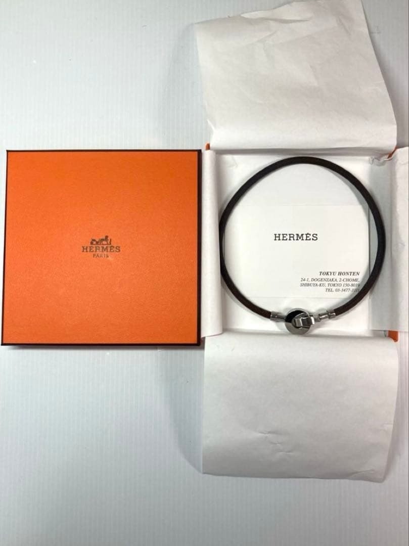 HERMES Lancelot Choker Double Wrap Bracelet Leather Dark Brown Silver w/ Box