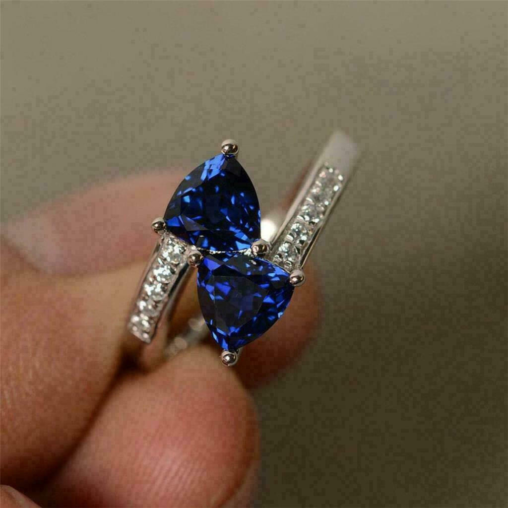 2.50Ct Trillion Blue Sapphire Two-Stone Engagement Ring 14K White Gold Plated