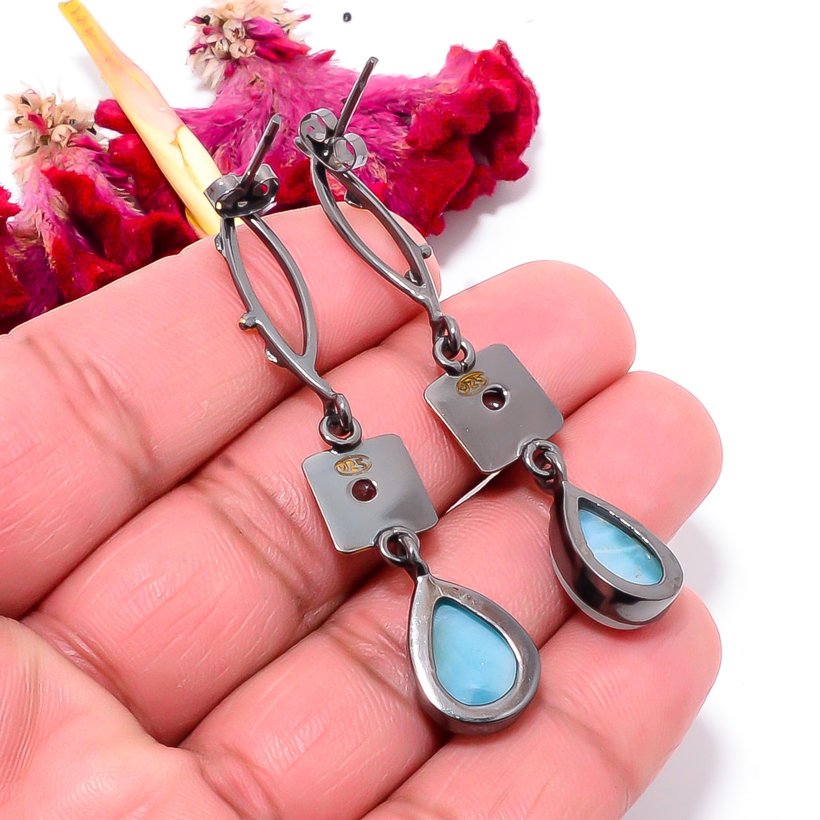 Natural Larimar, Blue Topaz 925 Sterling Silver Gold Rhodium Earring 2.34″ Sku21