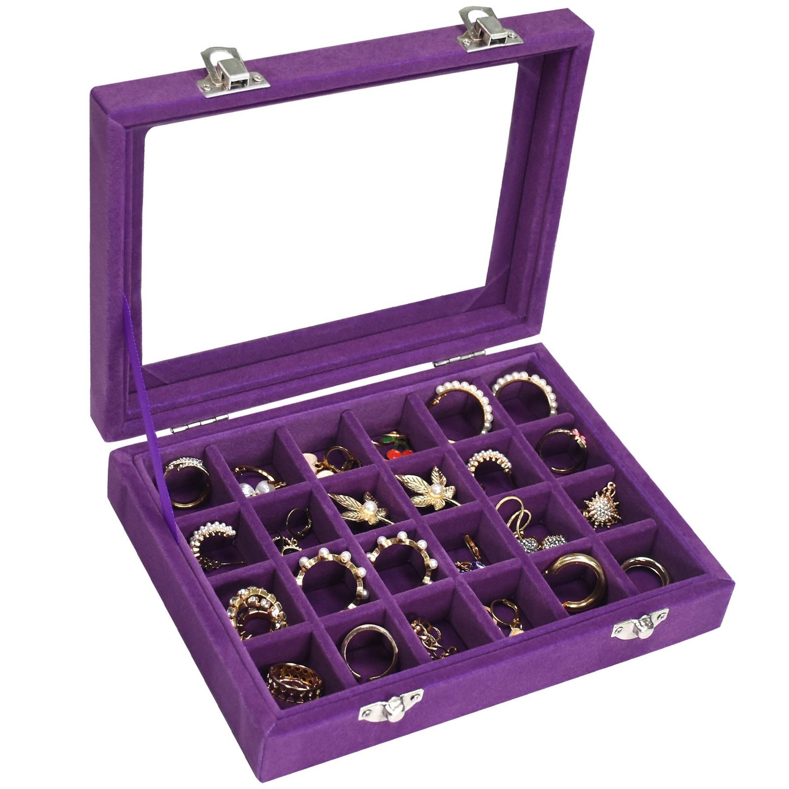 Vcoter Velvet Jewelry Box 24 Grid Ring Display 24 Grid, Purple