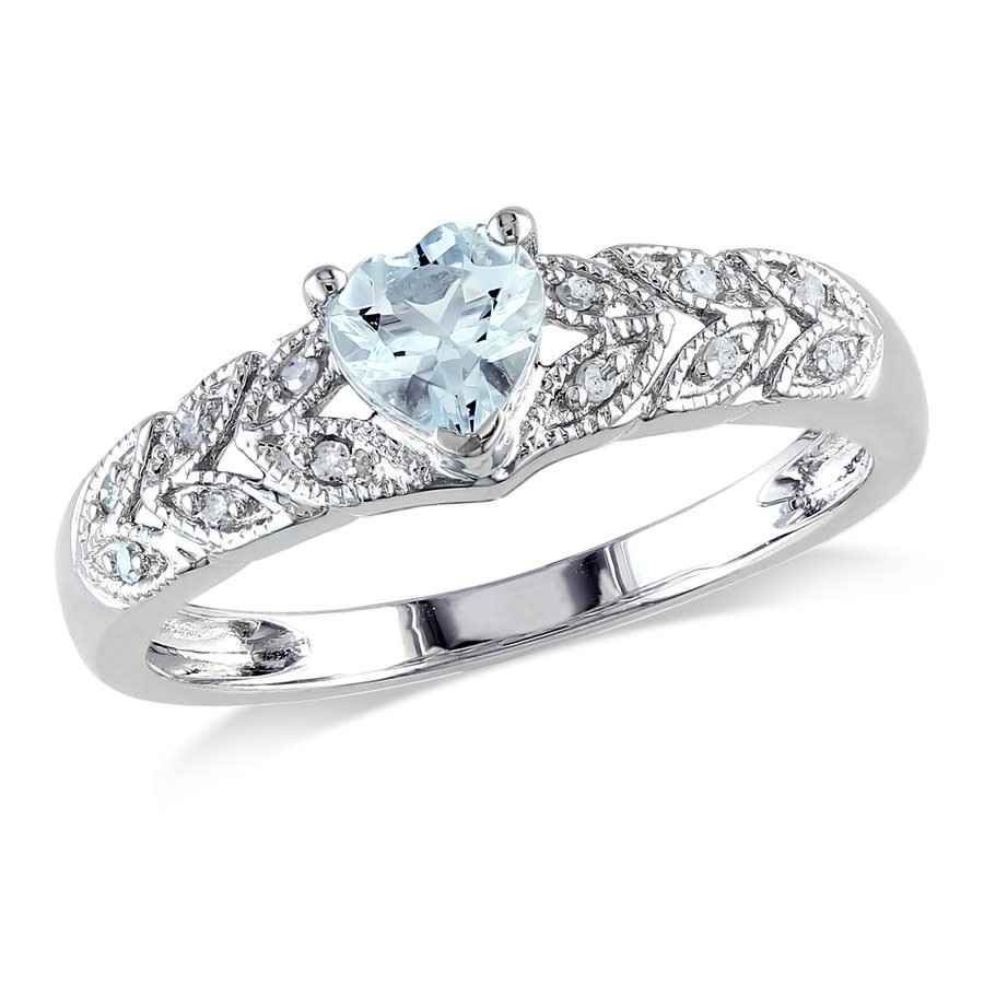 Amour Sterling Silver 0.05 CT Diamond TW And 1/3 CT TGW Aquamarine Heart Ring