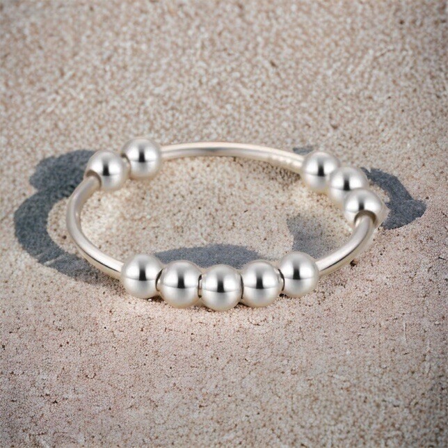 925 Sterling Silver w/ 10 Beads Womens Mens Gift Spinner Fidget Rings 8.75 New