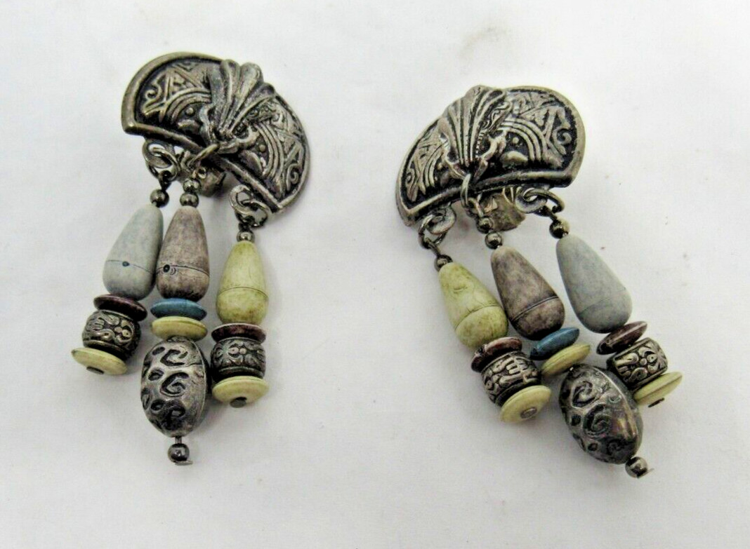 Vintage Silver Tone Beaded Charm Clip On Earrings 2.5″ Long