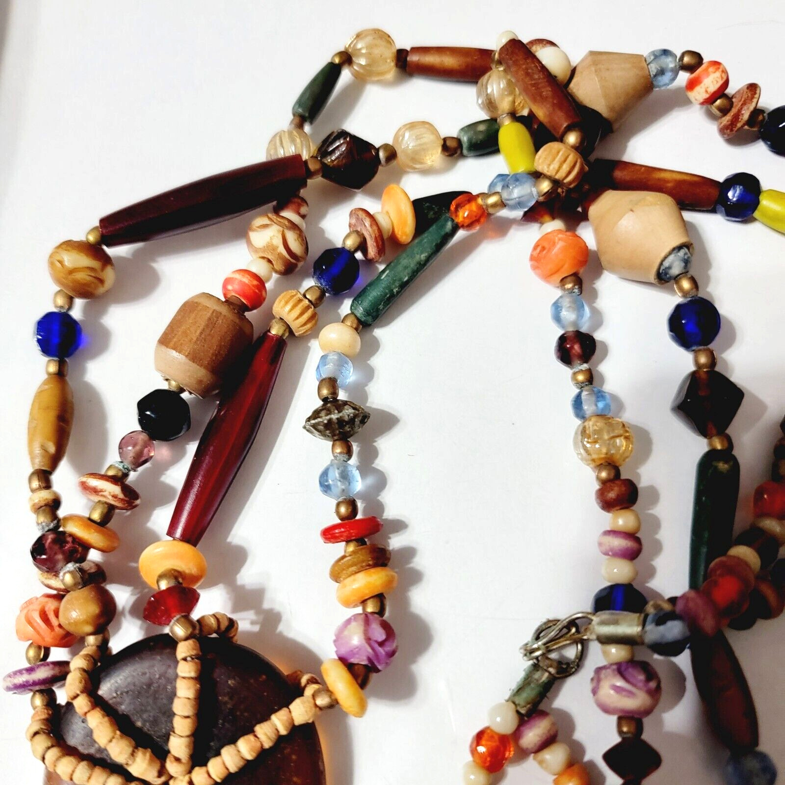 Tribal Beaded Necklace Pendant Colorful Mixed Materials Glass, Wood br01-02