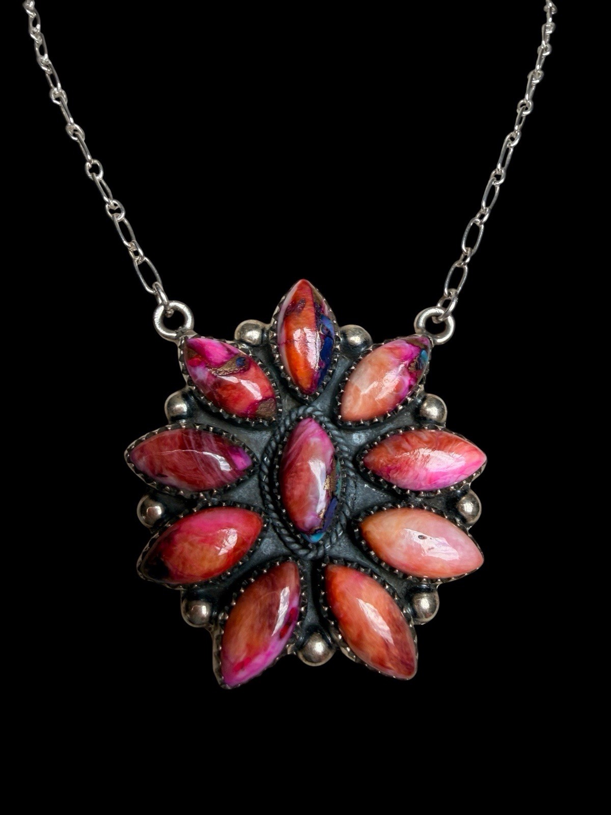 BEAUTIFUL SOUTHWEST STERLING SILVER DAHLIA ROSE TURQUOISE STONE FLOWER NECKLACE