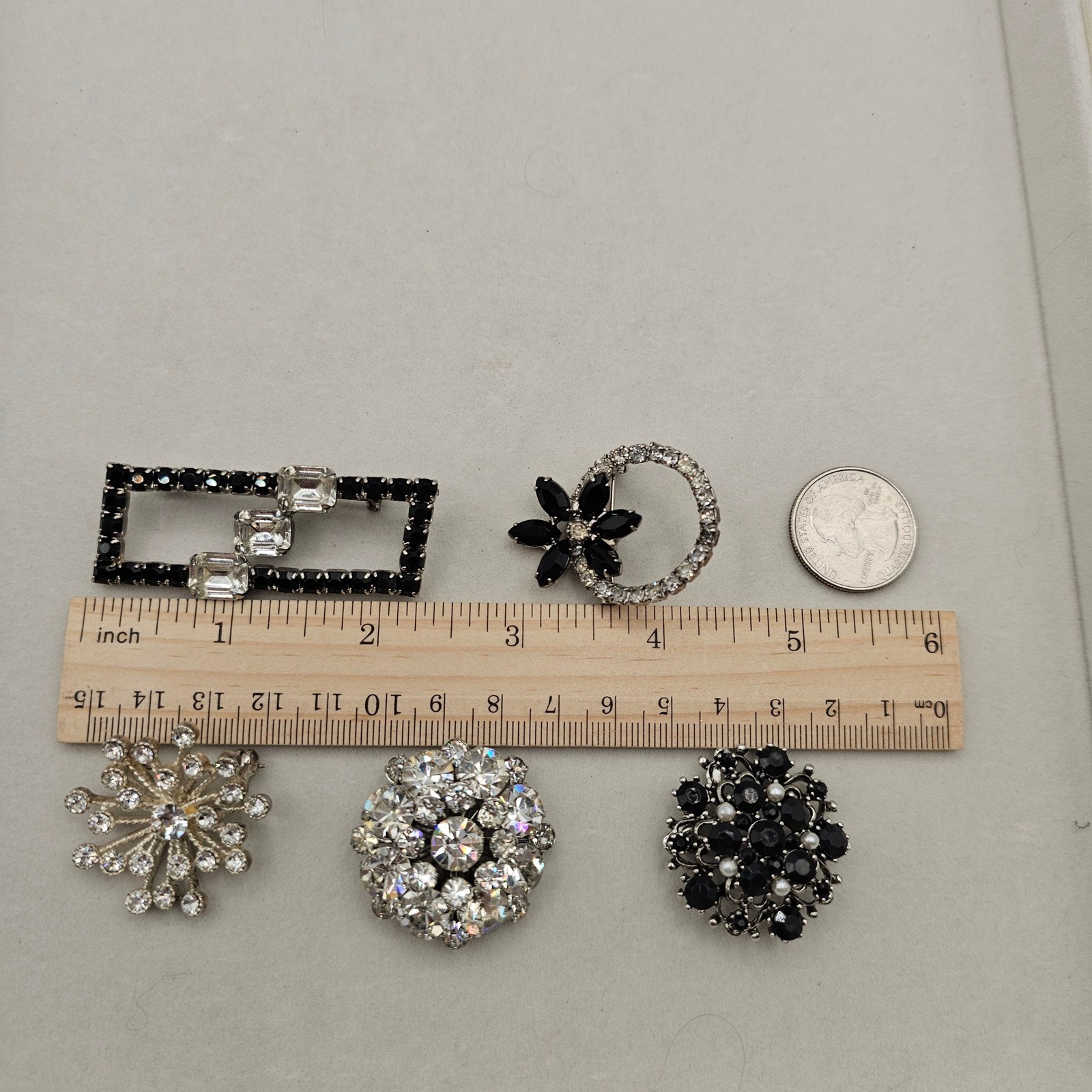 Clear & Black Rhinestone Brooch Lot 5pc Silver Tone Mixed Styles Formal Pins