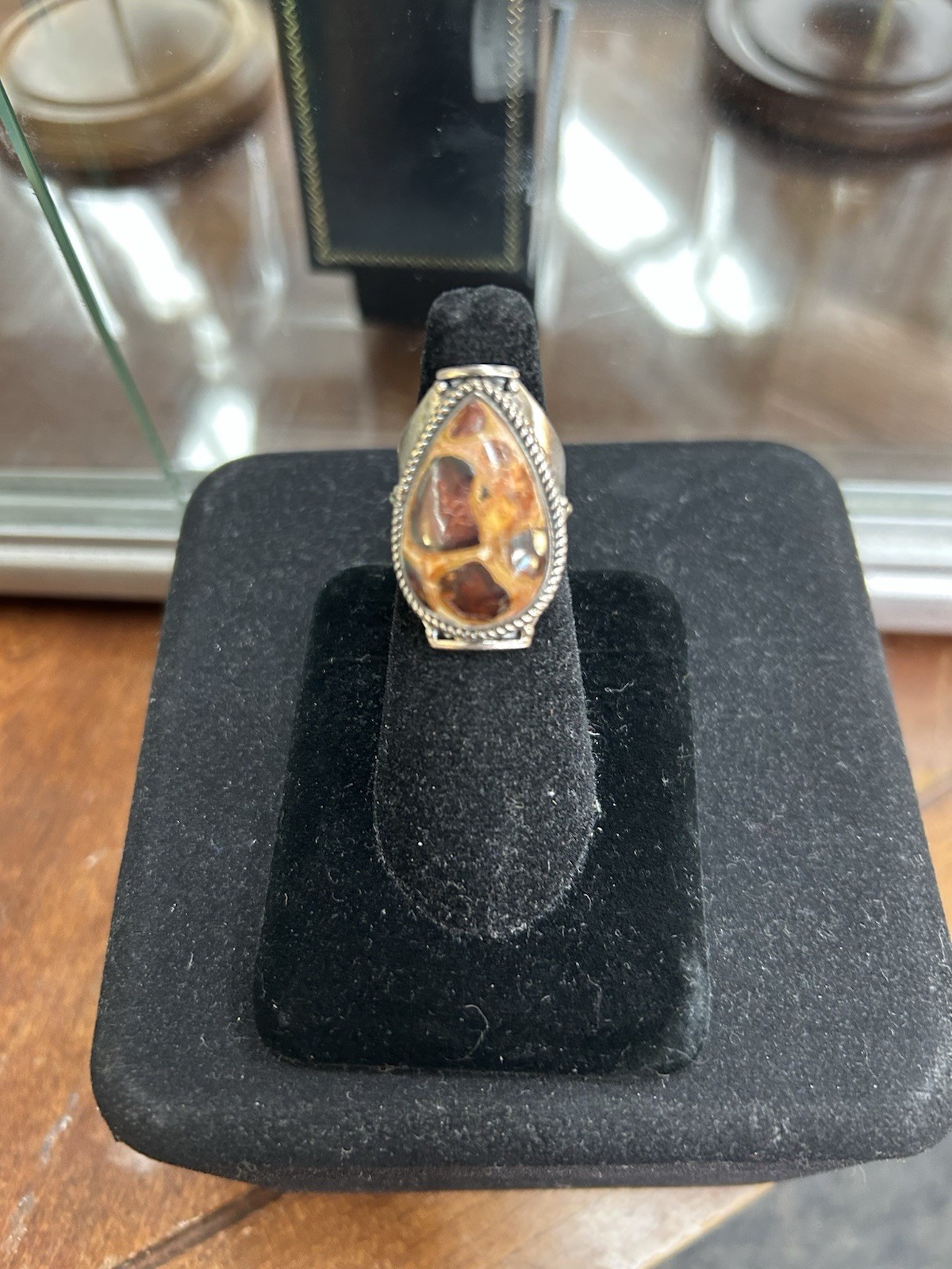 Sterling Silver Chert Breccia Pear shape Cabochon Ring Size 7.5