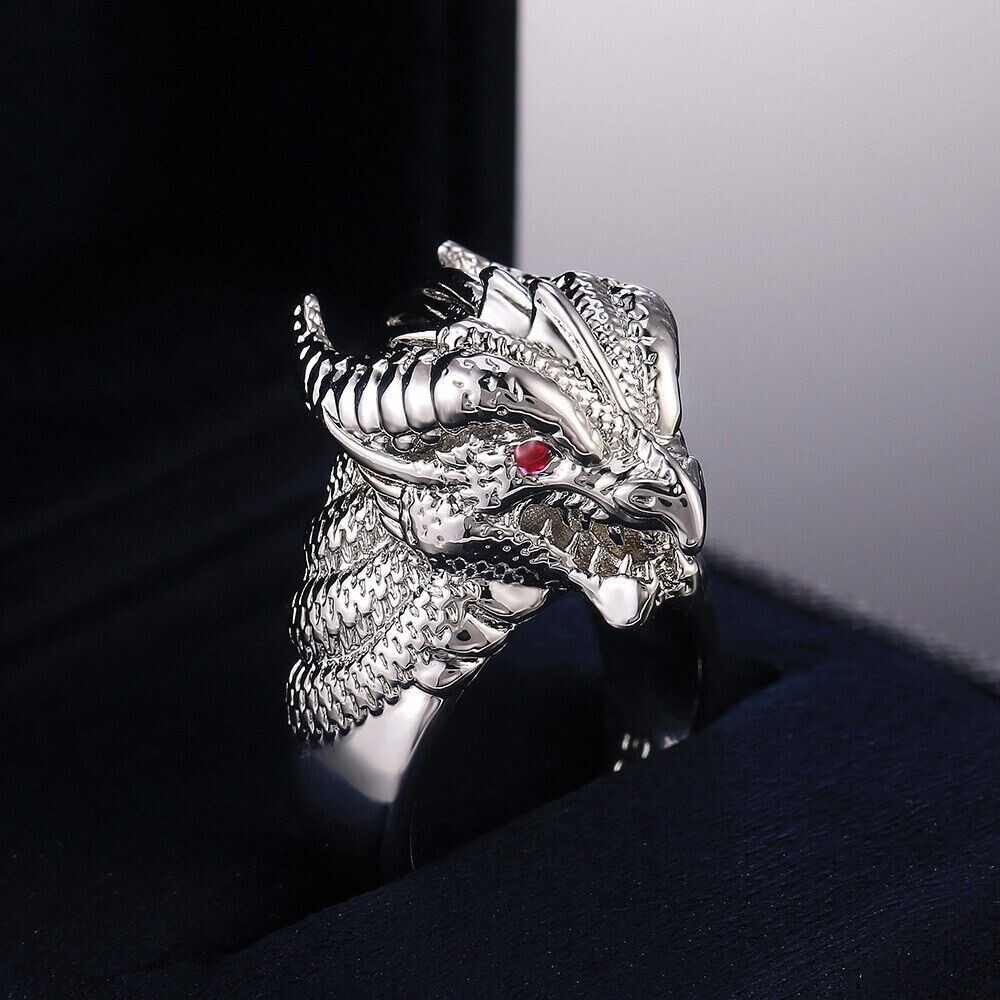 Authentic Vintage Valentine Rings 925 Silver Plated Red Eyes Dragon Head Rings