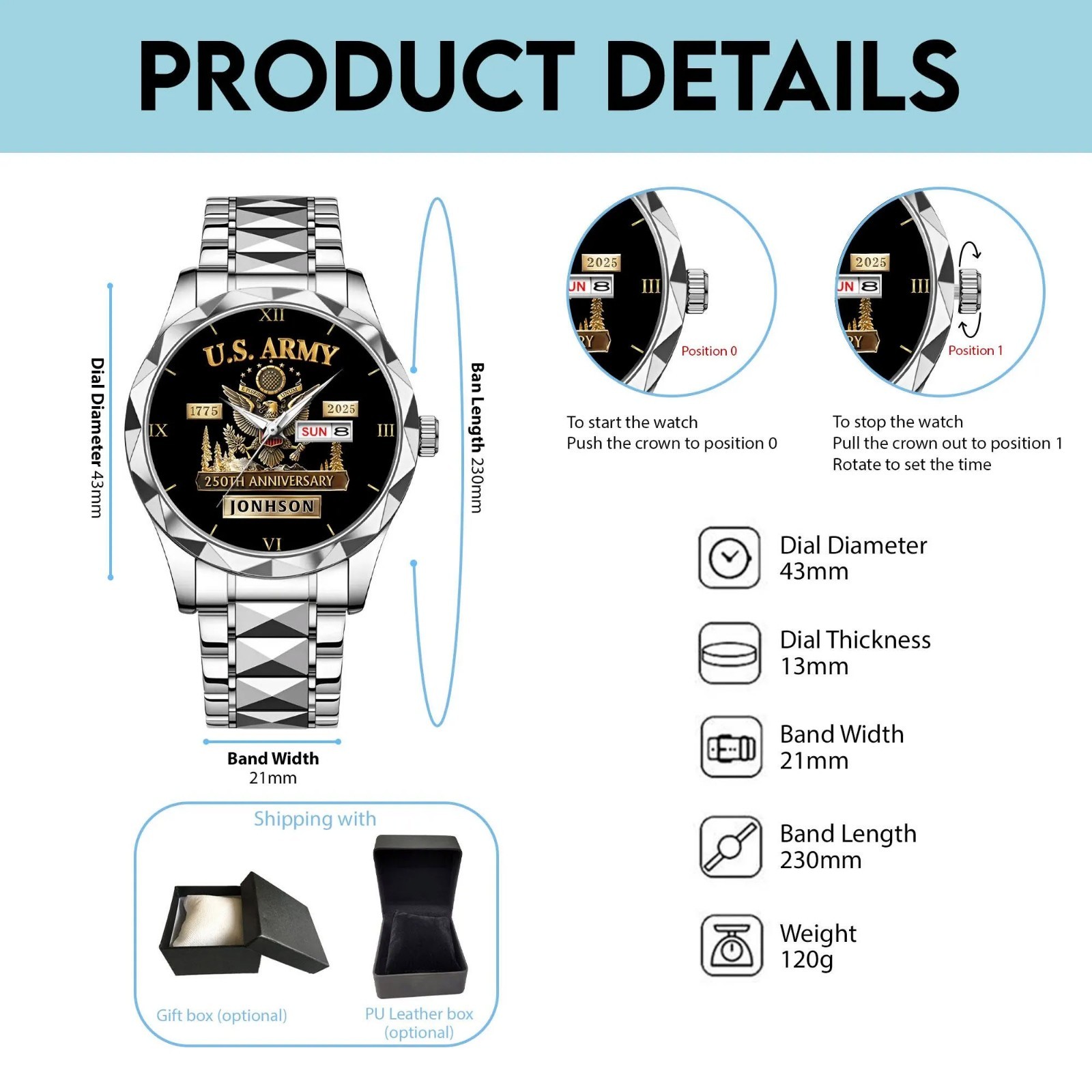 Personalized US Army 250th Anniversary Watch 1775-2025 Veteran Gift Custom Name!