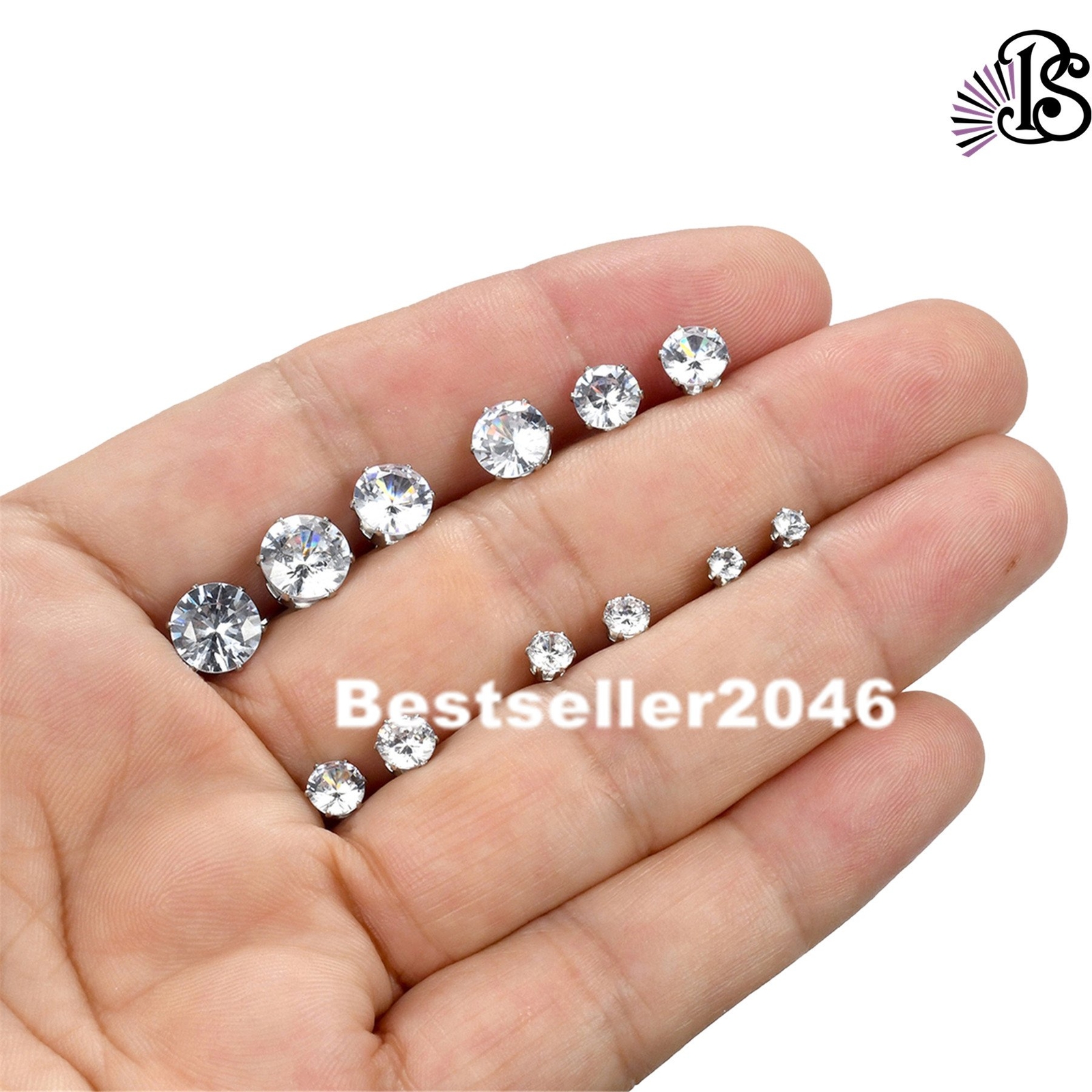 6 Pairs Stainless Steel Round Cubic Zirconia Stud Earrings Set for Men Women