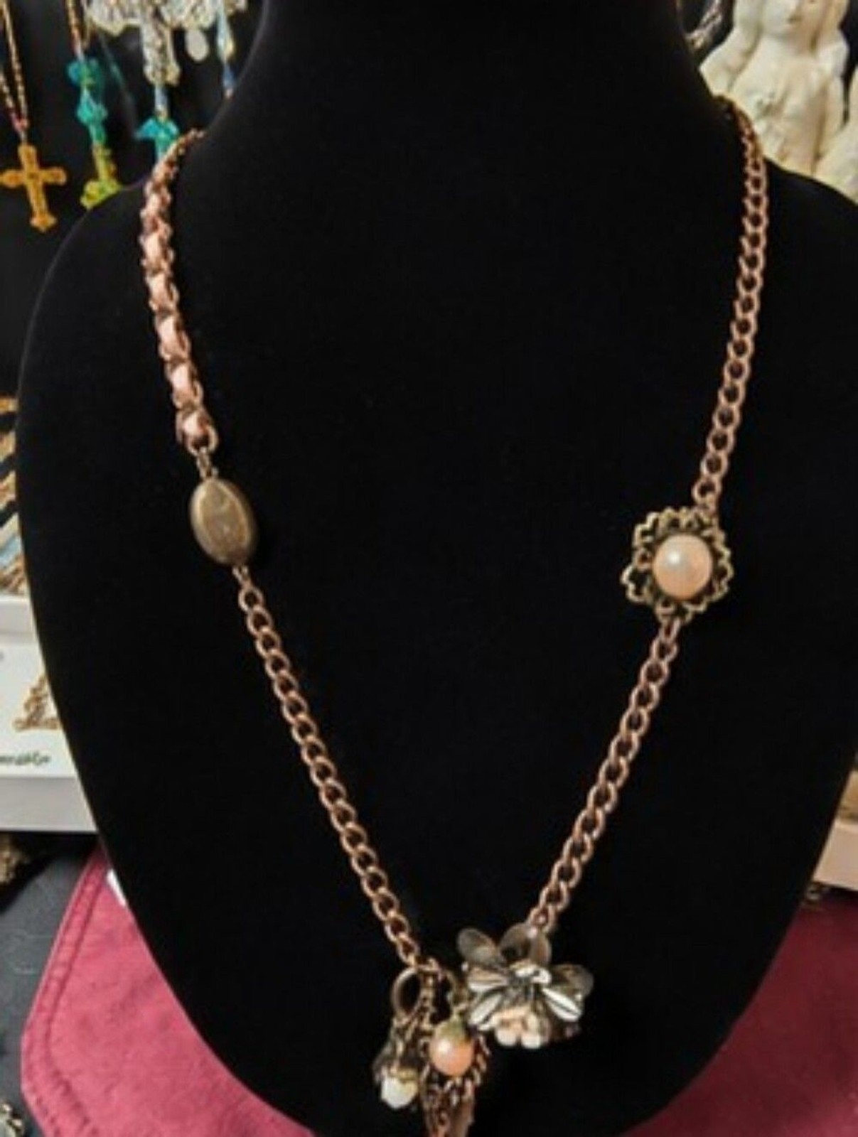 Vintage Romantic Cottagecore Charm Necklace Antique Copper Pink Glass Flower