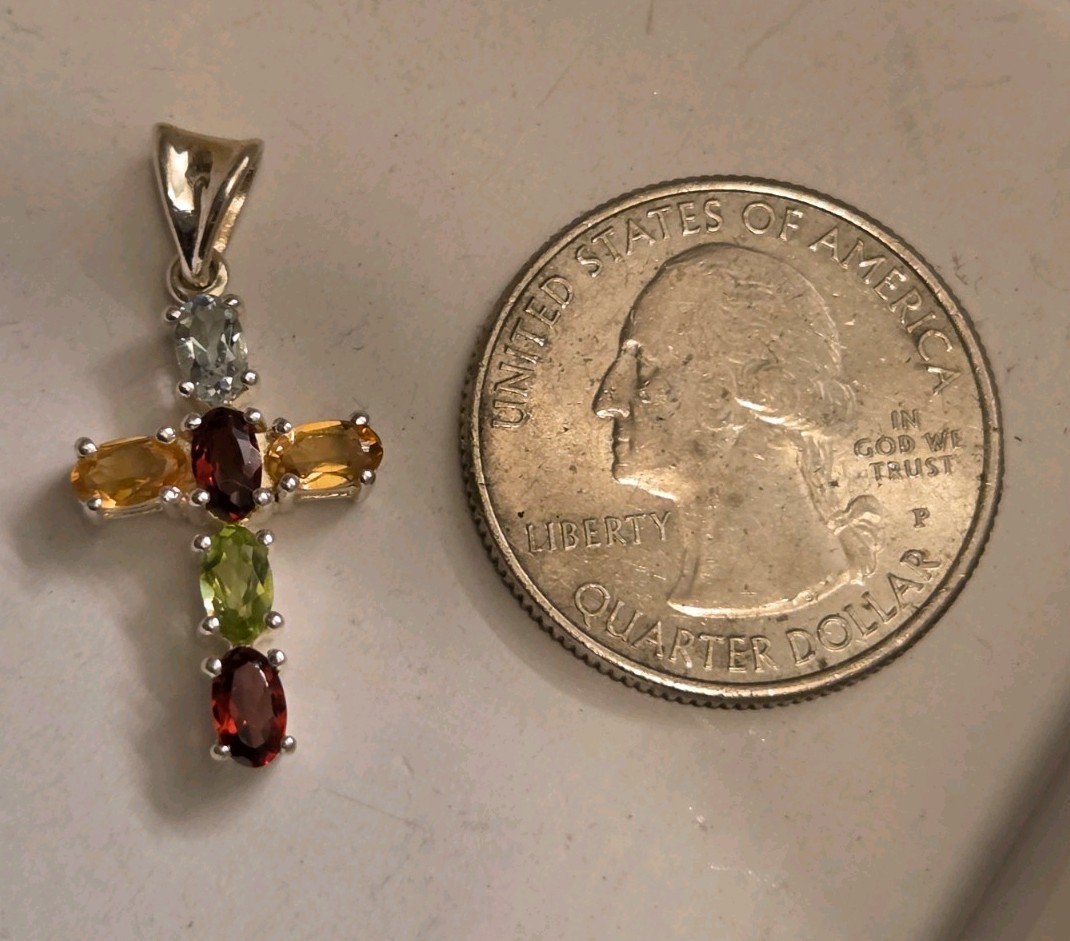 Sterling Silver STS 925 Oval-Cut Multi-Gemstone Cross Charm Pendant