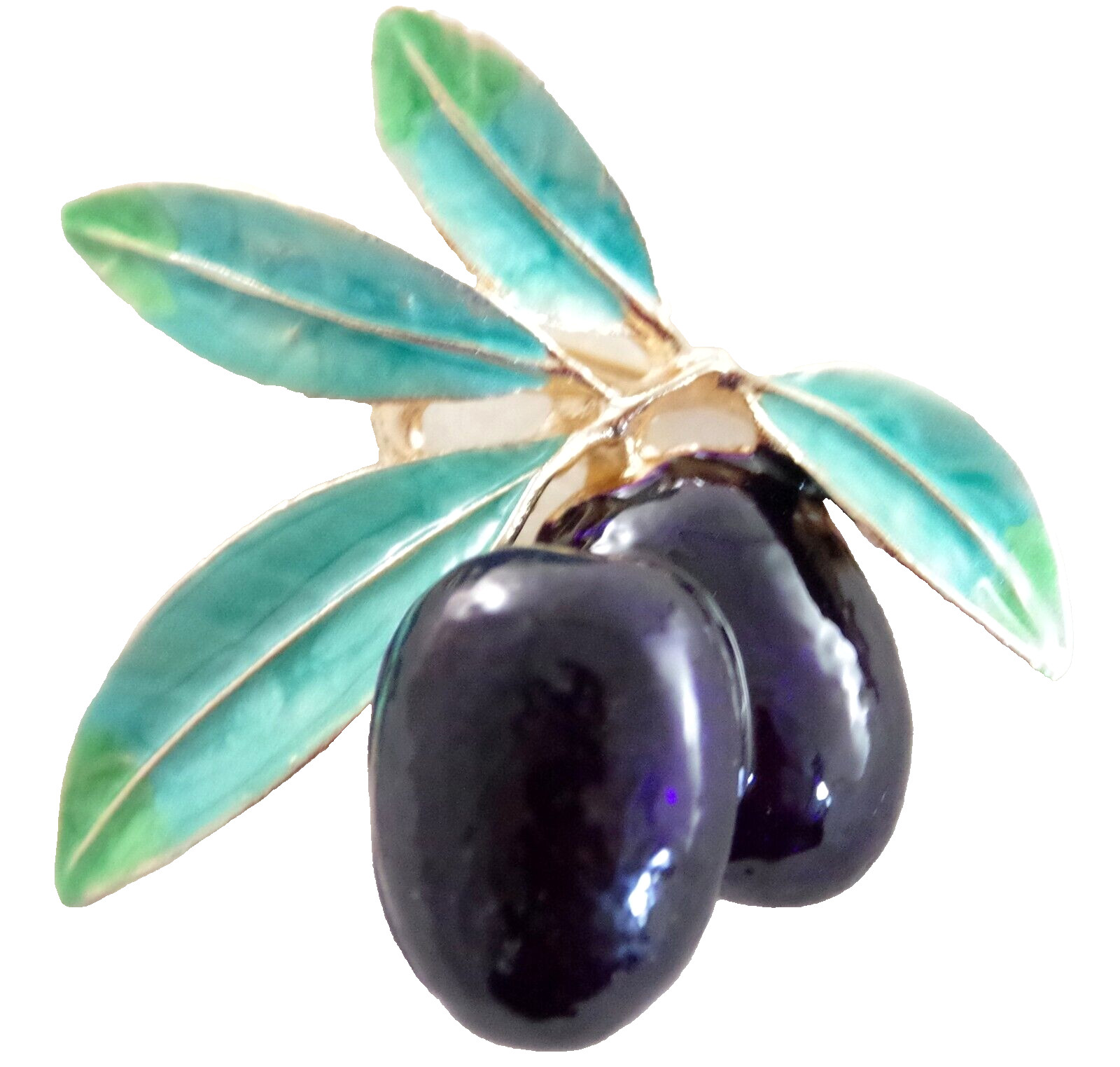 Pretty! 1.75″ NWOT HIGHLY DIMENSIONAL BLACK OLIVE FRUIT ENAMEL & GOLD BROOCH PIN