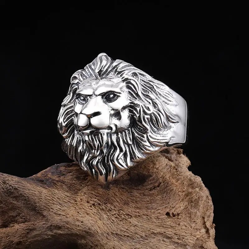 Vintage Lion Head Zinc Ring for Men Silver Color Gothic Open Ring Resizable Gift