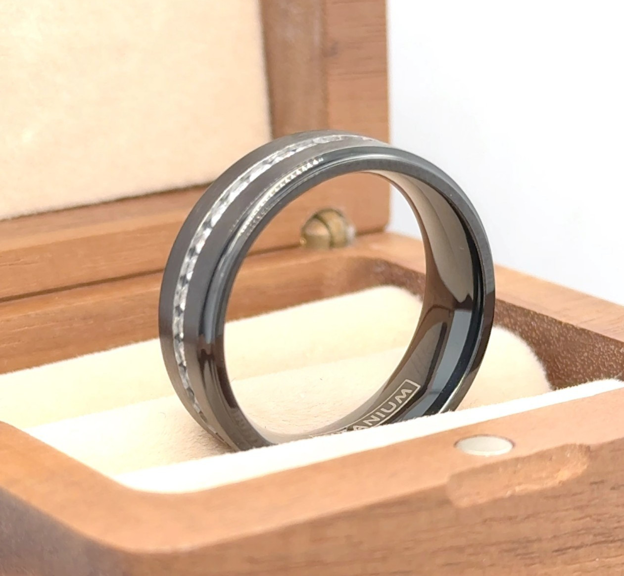 8mm Black Titanium Band CZ Inlay Polished Edge Ring Anniversary Gift Unisex Band