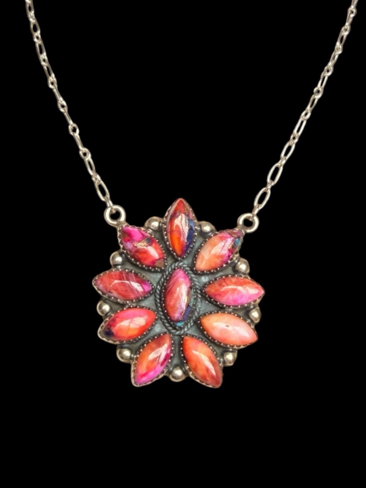 BEAUTIFUL SOUTHWEST STERLING SILVER DAHLIA ROSE TURQUOISE STONE FLOWER NECKLACE