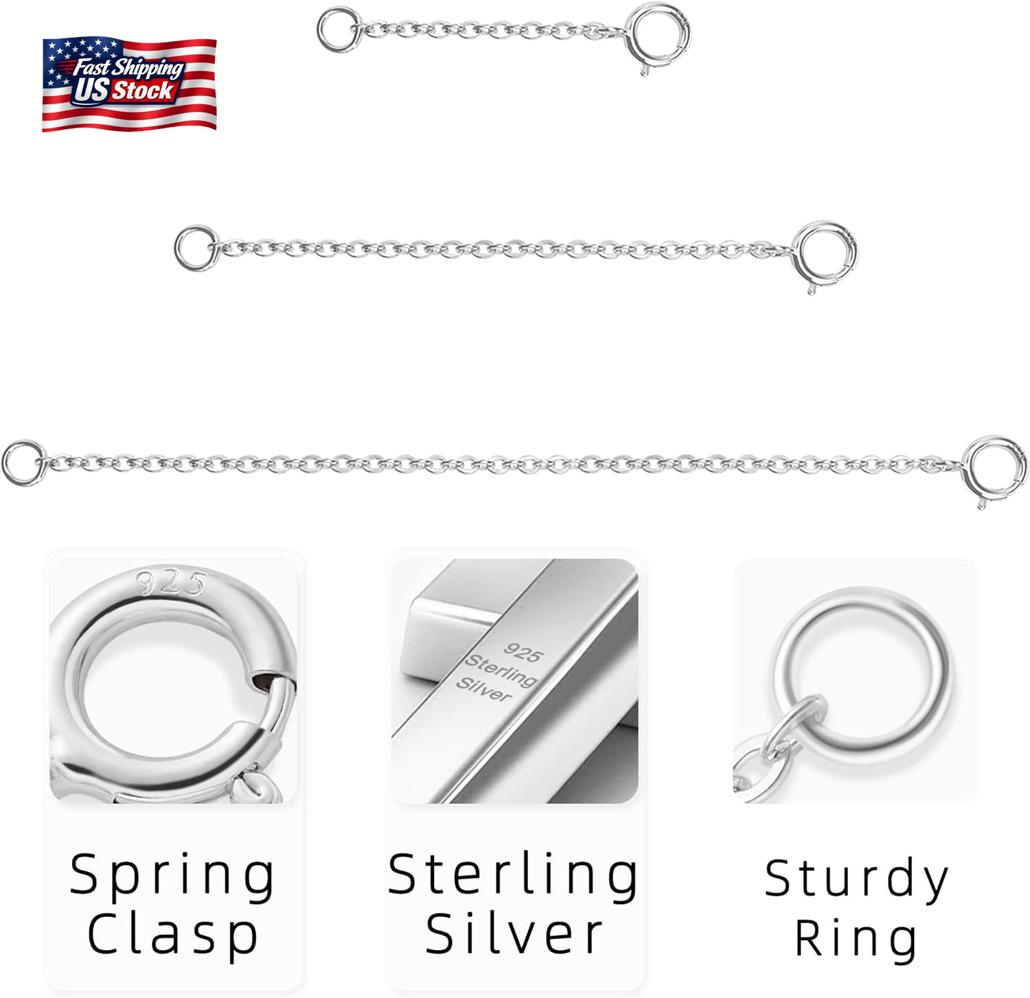 3 Pcs 925 Sterling Silver Necklace Extender Silver Chain Extenders for Necklaces