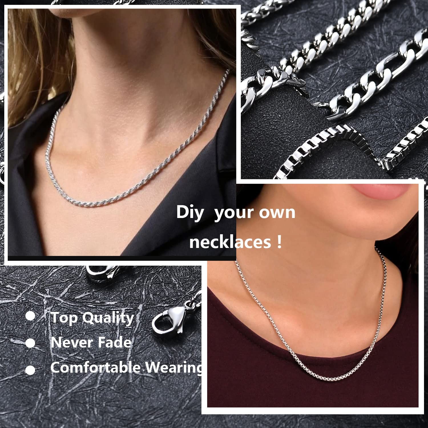 6 Pcs Silver Chains, Stainless Steel Cuban Link/Rope/Box/Figaro/Square Rolo – 03