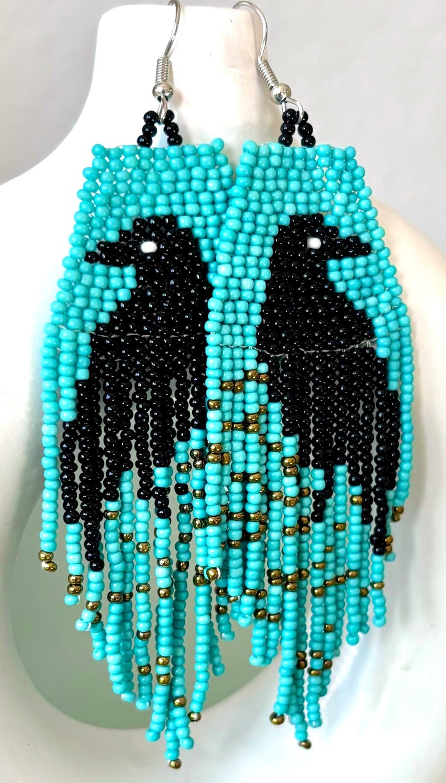 Hand Beaded Turquoise Black Ravens Crows Seed Bead Tasseled Dangle Earrings New