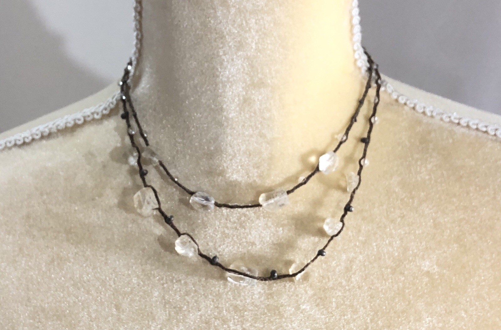 CL Necklace Sterling Silver Quartz Bead Braided Twine – 15 in Length