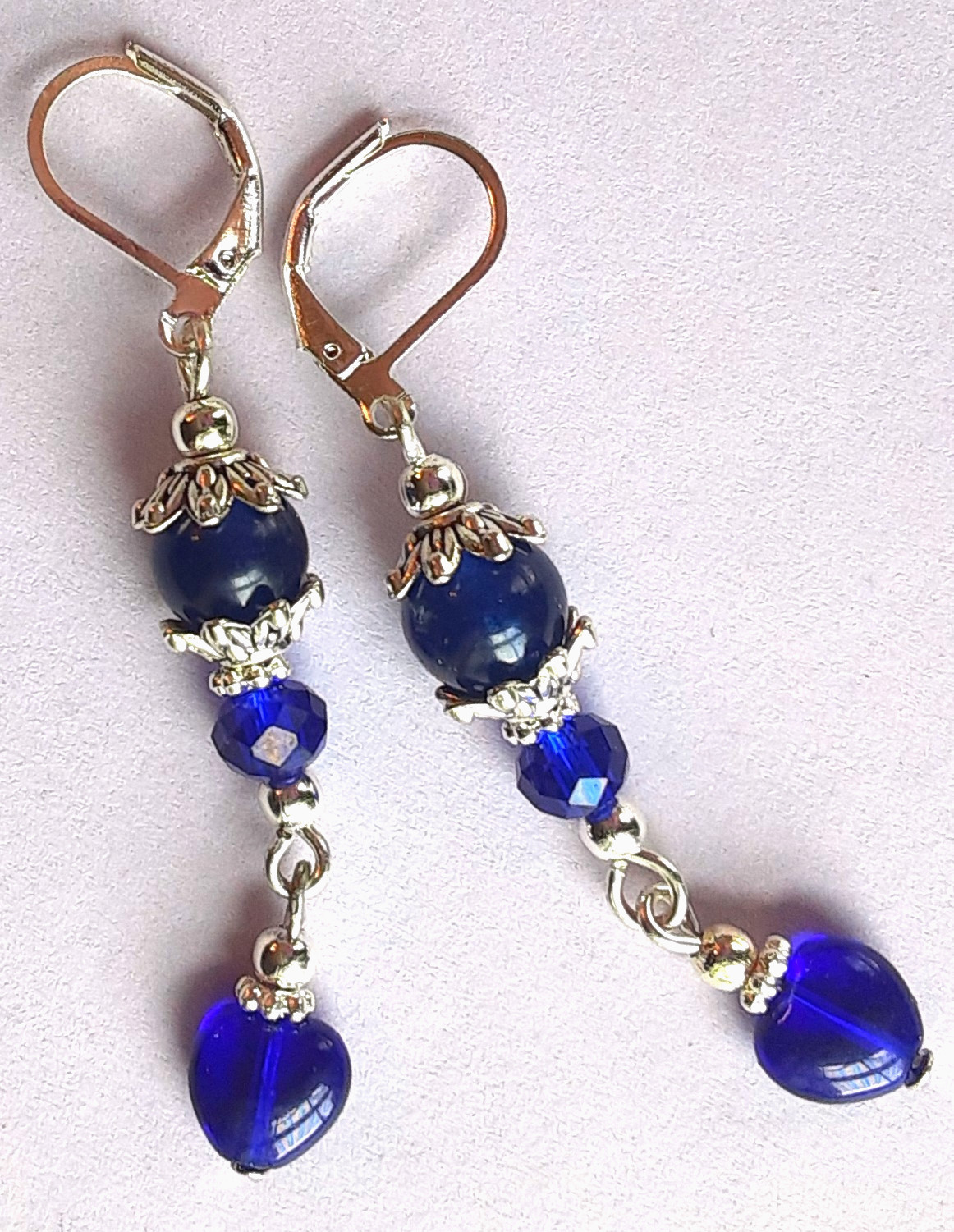 COBALT BLUE JADE & CZECH HEART DANGLE earring SP LEVER BACK artisan #612