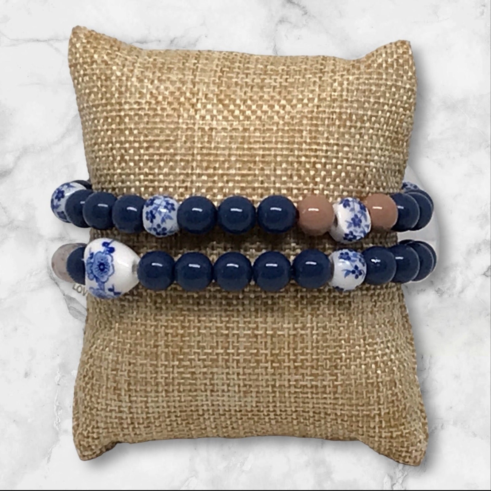 Bracelet Set Classic Navy Brown Blue Floral Beads Handmade Country Chic Design