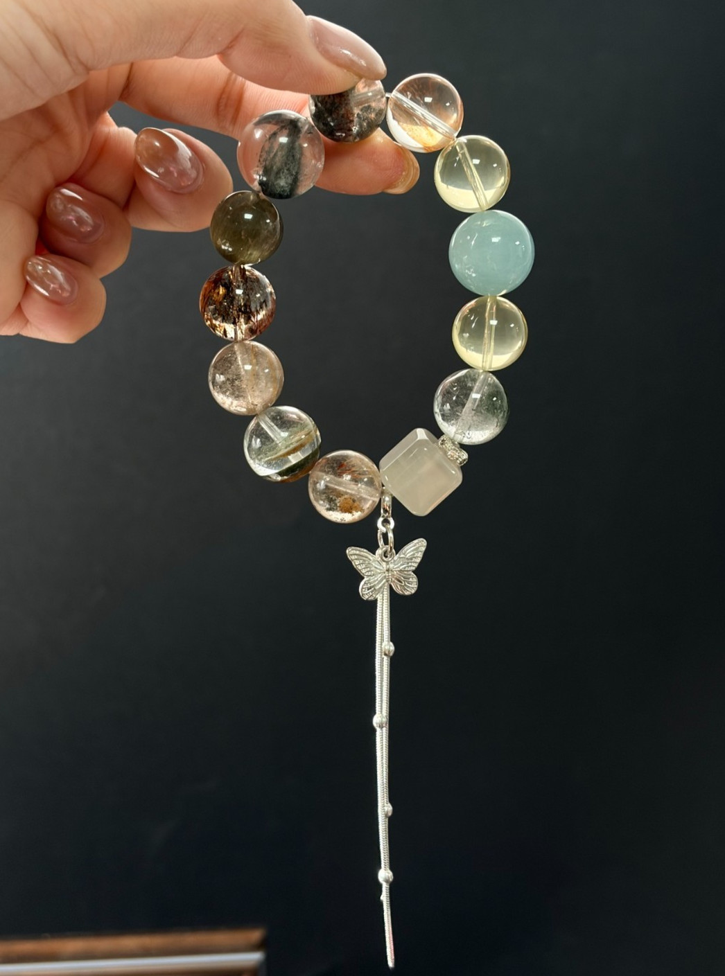 LUSA FEELA Natural Green Phantom Aquamarine Beaded Stretch Bracelet Gift Box