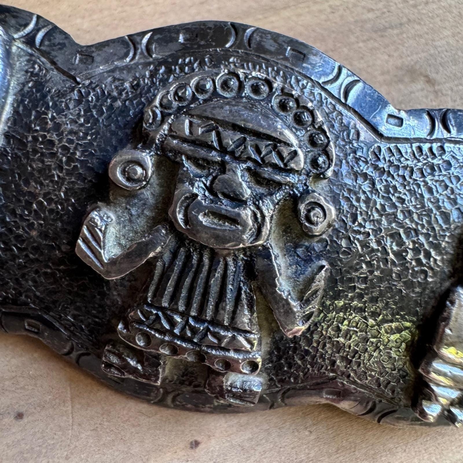 Vintage Peru 900 Silver Brooch Pre-Columbian Incan Deity Figures Leaf Hallmark