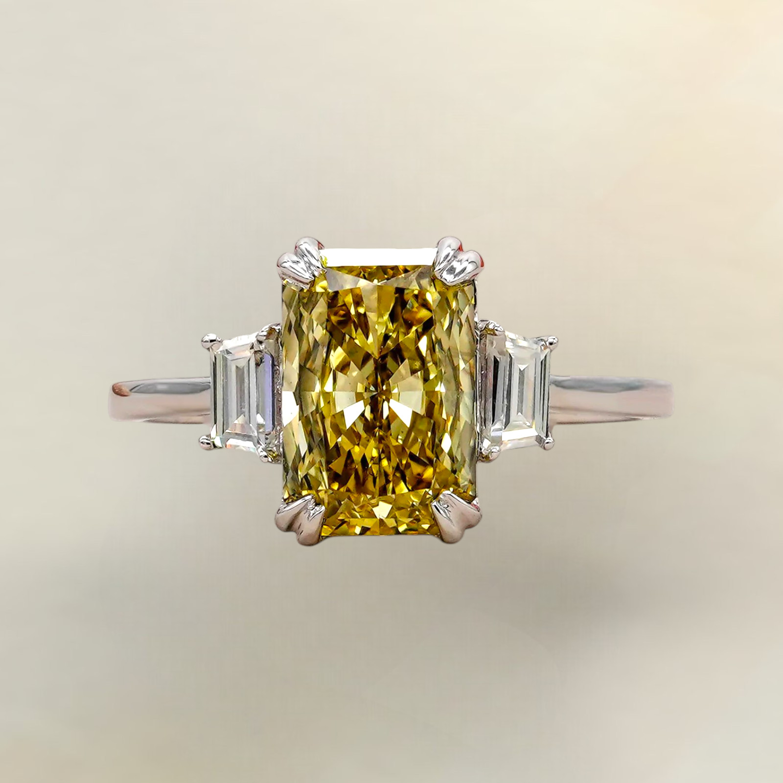 2.30 CT Radiant Cut IGI Lab Grown Diamond Ring 14K White Gold Fancy Vivid Yellow