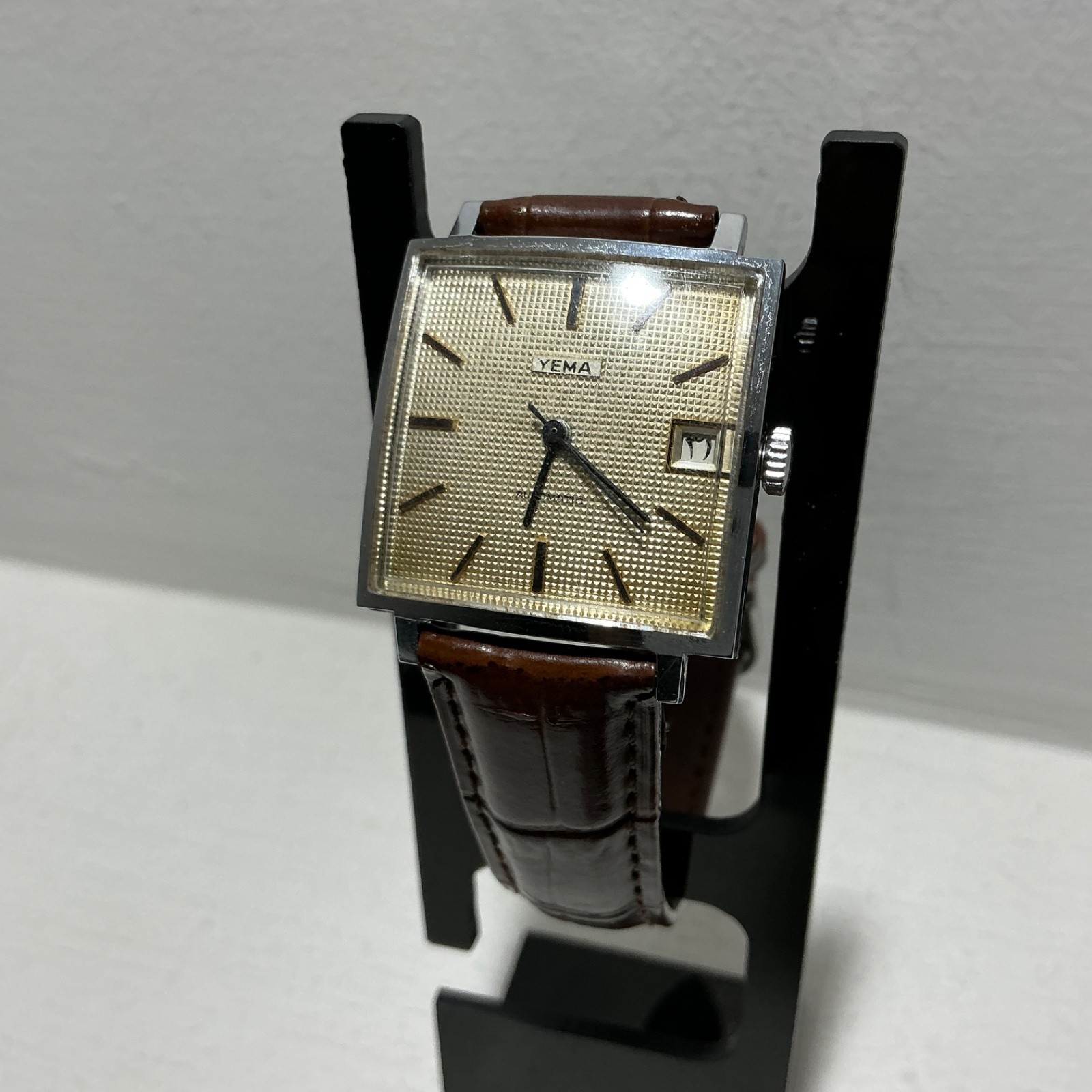 Vintage Yema Automatic Arabic Date Textured Dial Square 29mm Swiss