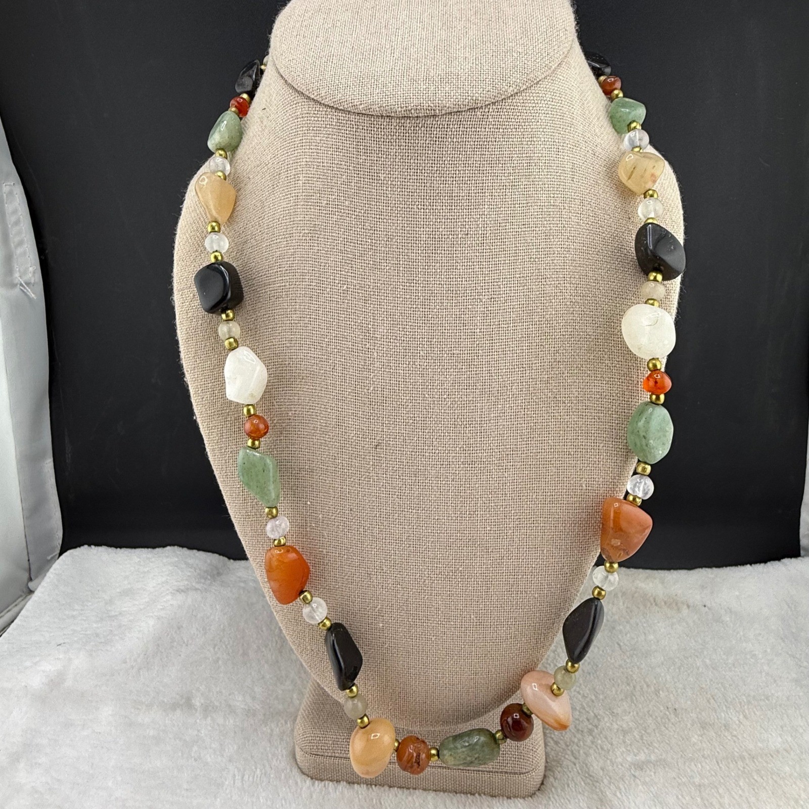 Vintage Beggars Bead Polished Stone Necklace Tumbled Semi Precious 23in