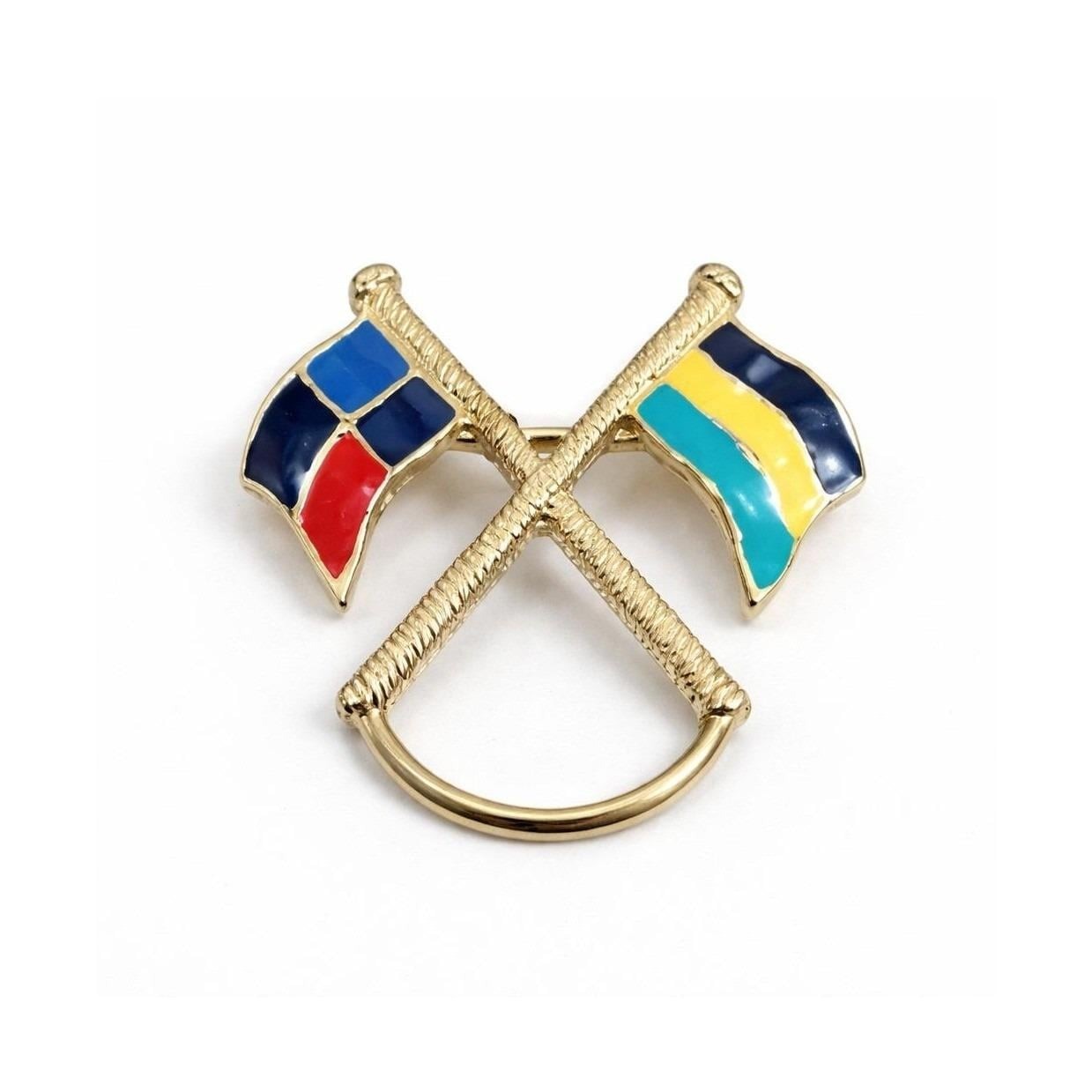 Vintage Gold Tone Crossed Nautical Flags Enamel Brooch Lapel Pin Maritime Signal