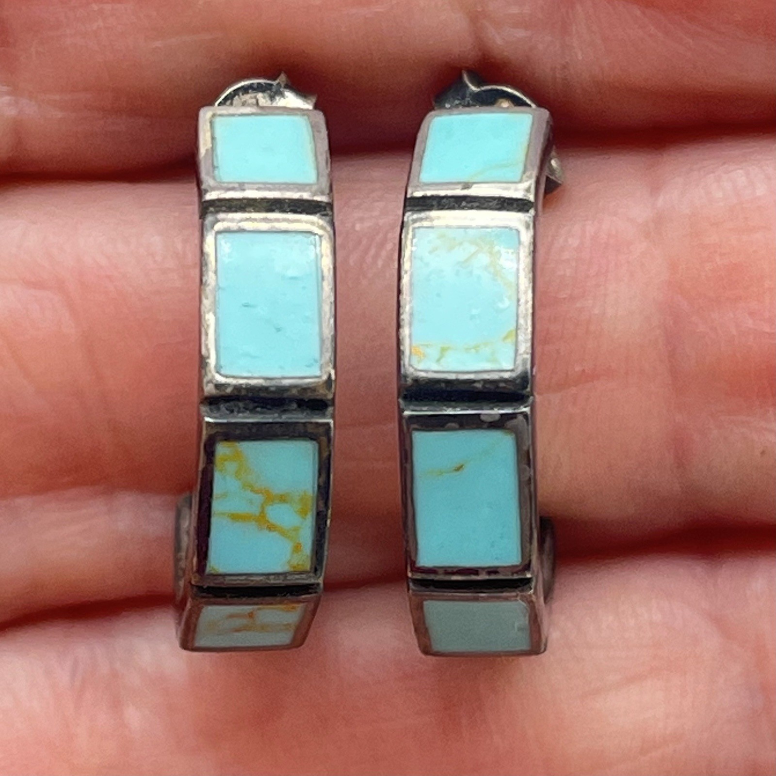 Vintage Sterling Silver Earrings Turquoise Inlay Stamped 925 Thailand 1″