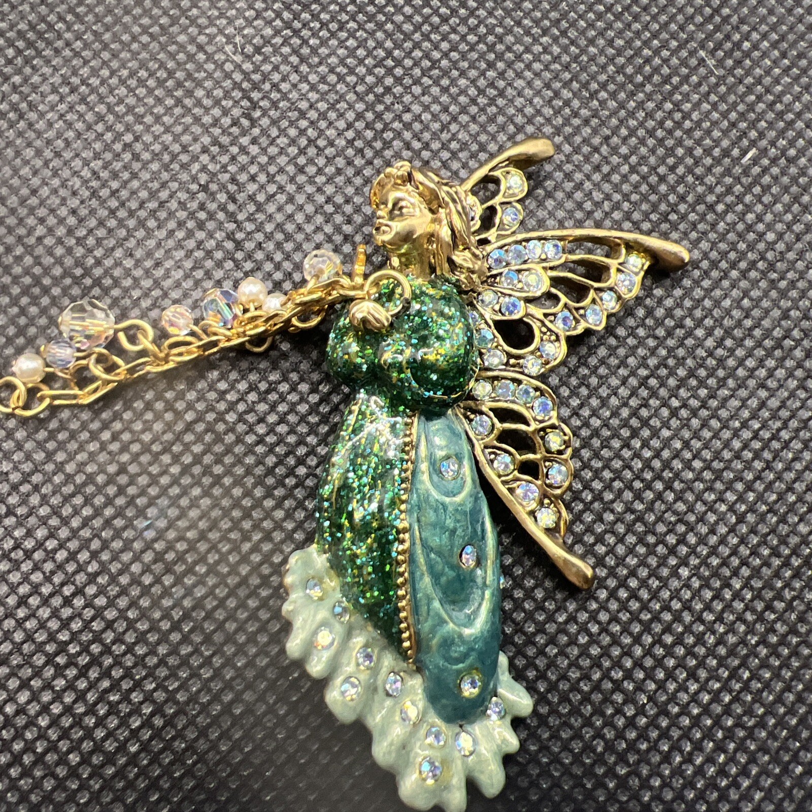 Vintage Kirks Folly Brooch Flying Fairy Green Enameled Crystal Detail