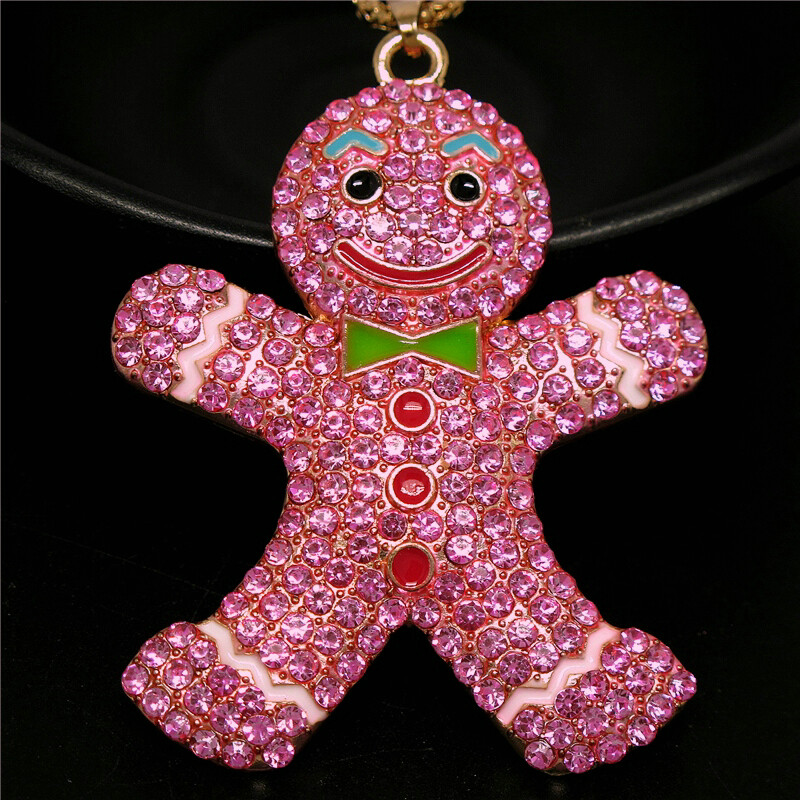 Fashion Lady Pink Rhinestone Cute Snowman Doll Bow Pendant Women’s Necklace