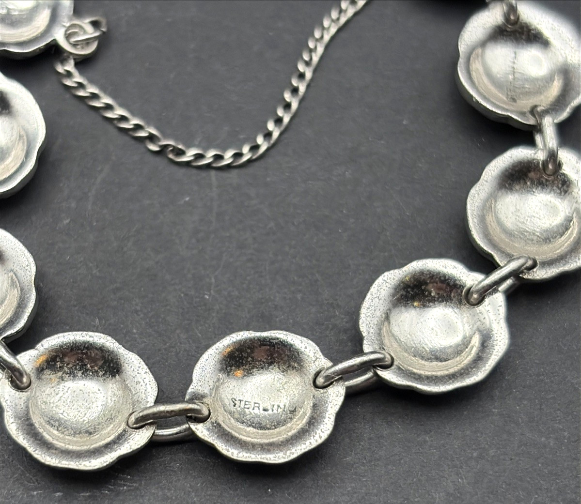 Sterling Silver 925 Rosette Link Bracelet with Safety Catch 16.1g