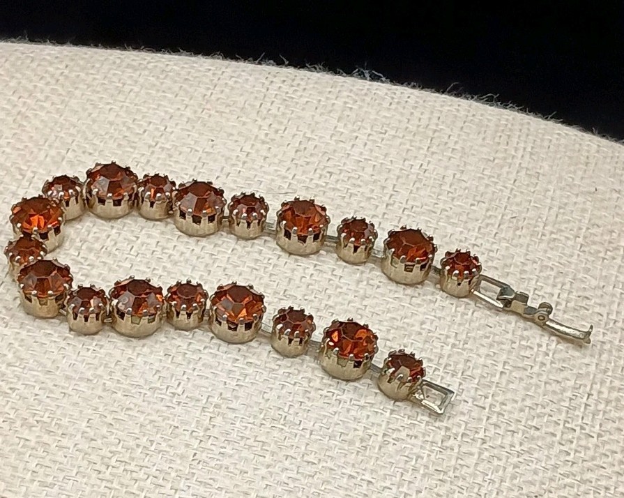 Vintage Rhinestone Tennis Bracelet Orange Brown Stone Sparkly 7.25″