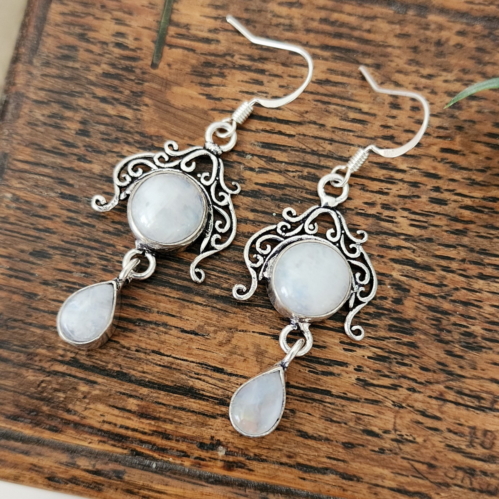 925 Overlay 12.2mm Rainbow Moonstone 2″ Drop Earrings