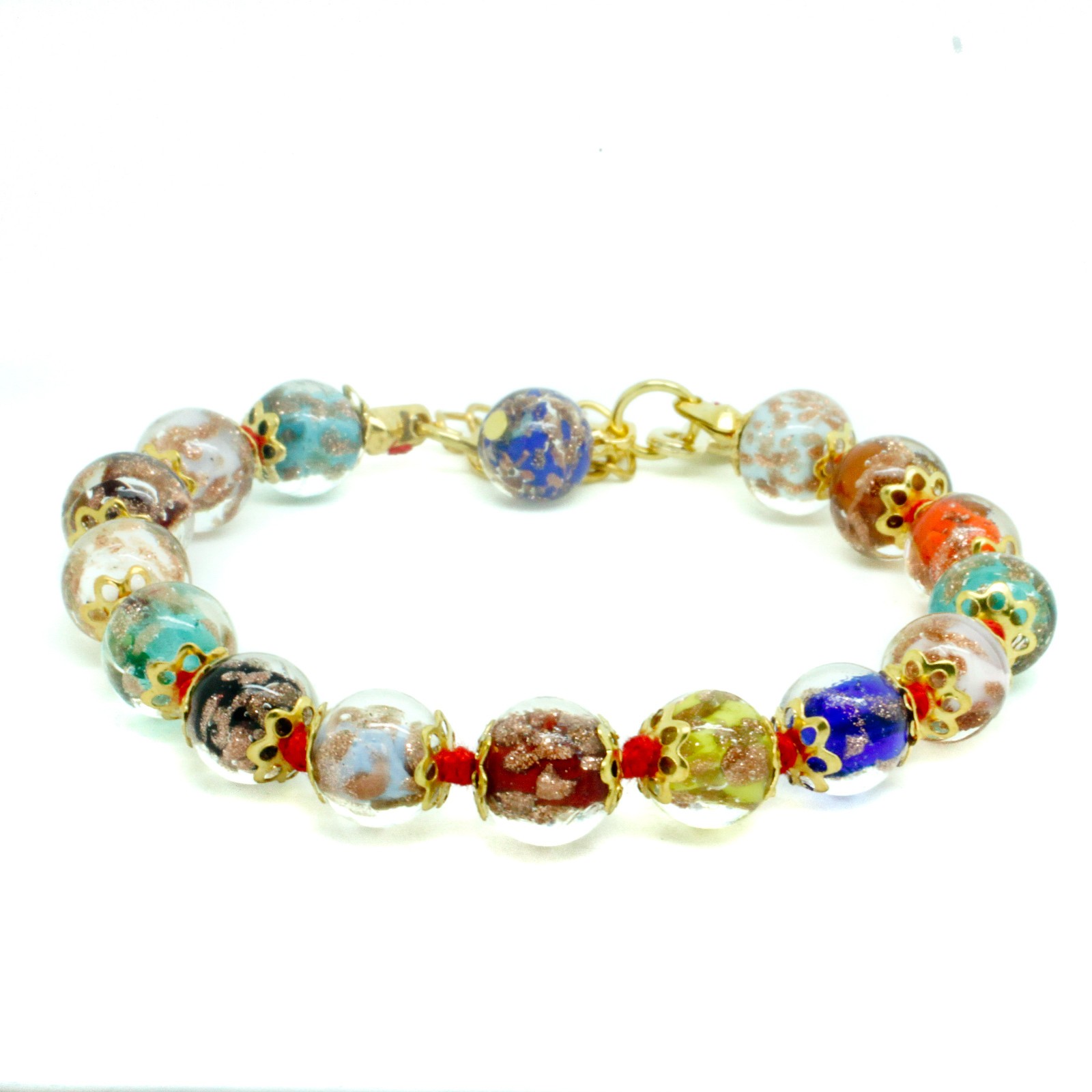 Murano Glass Bracelet Multi Coloured Bronze Gold Handmade 15 Sommerso Beads