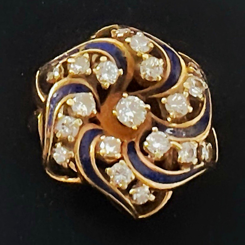 Antique 14k gold Blue Enamel Swirl Cluster Cocktail Ring Size 6.5