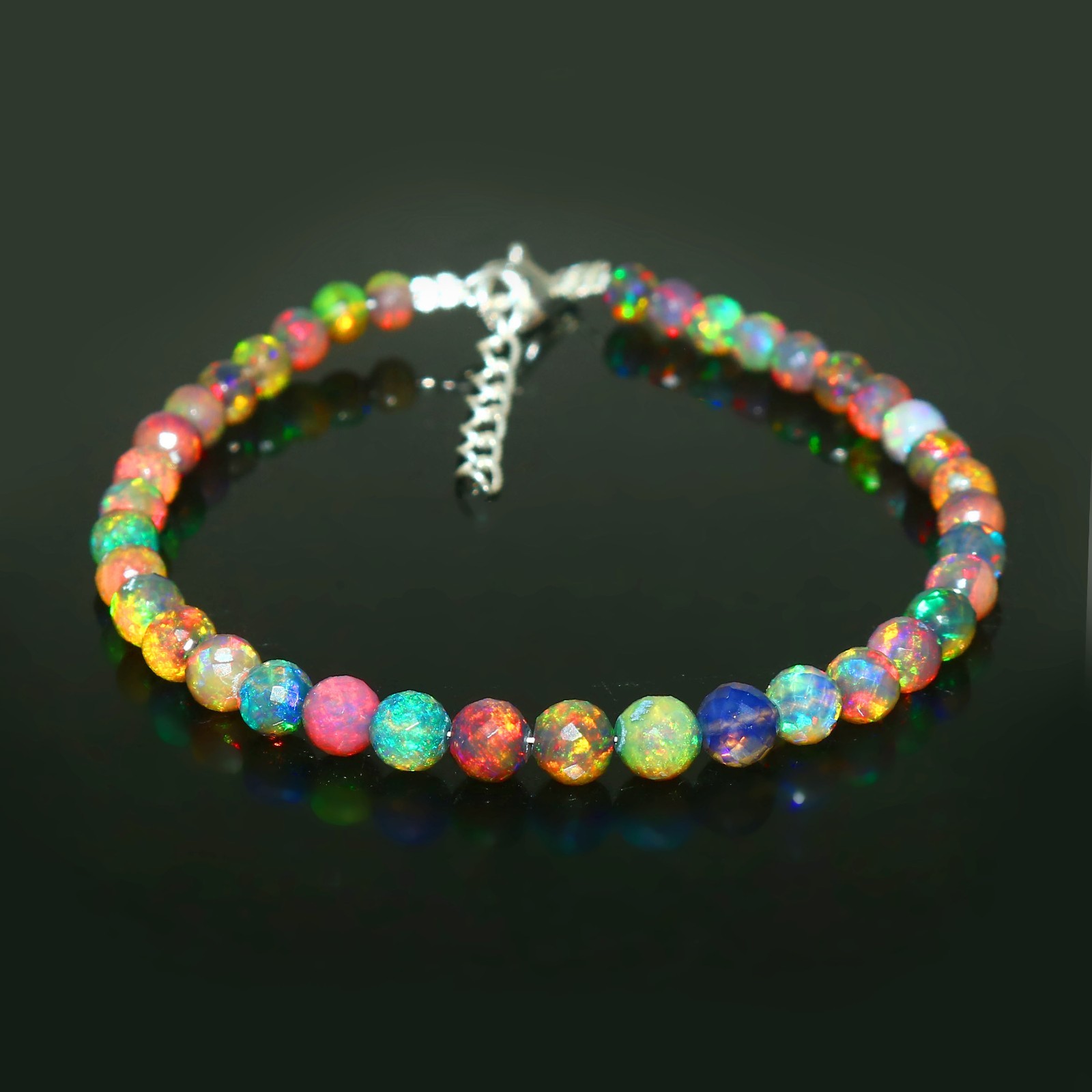 Ethiopian Fire Opal Faceted Round Beads Necklace Play of Color Gemstone 18″ 1345