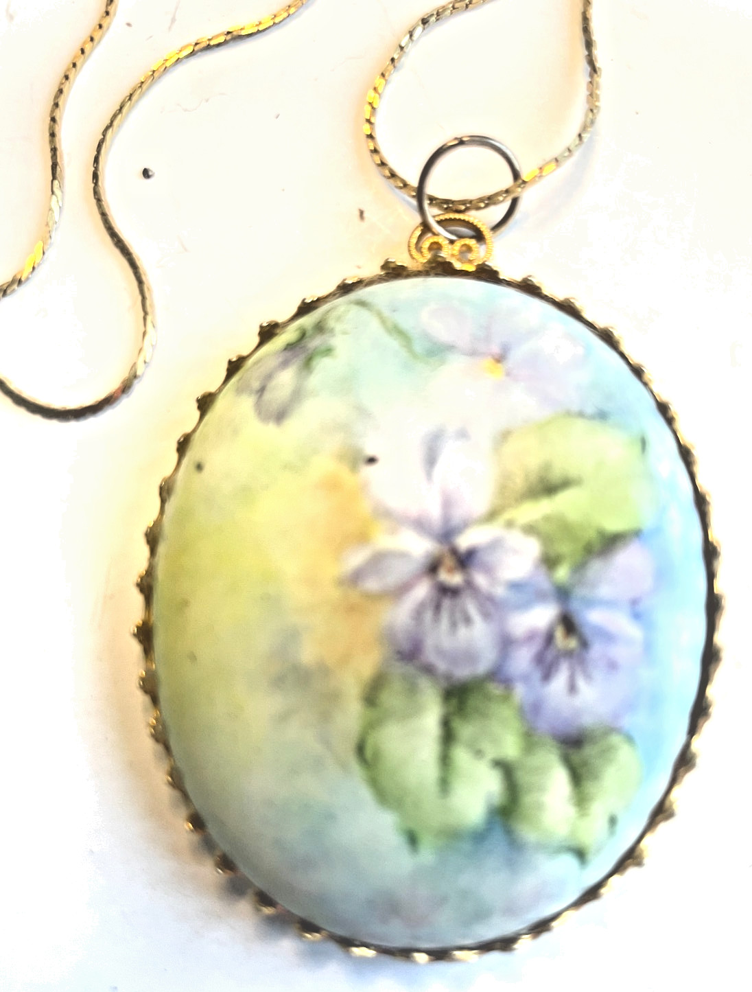 Porcelain Pendant Hand Painted Flowers Gold Tone Metal NAPIER CHAIN 14 INCHES